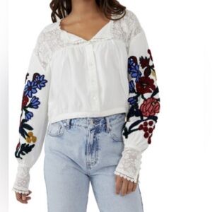 Free People Cotton Embroidered Cropped Creamy Ivory Color Blouse size L